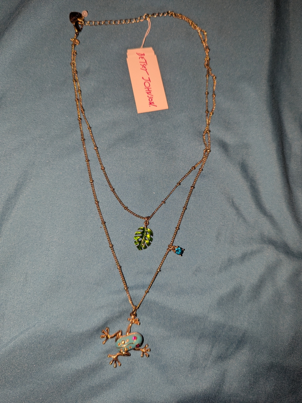Betsey Johnson Gold-Tone Layered Necklace with Aqua Frog and Green Leaf Charm
